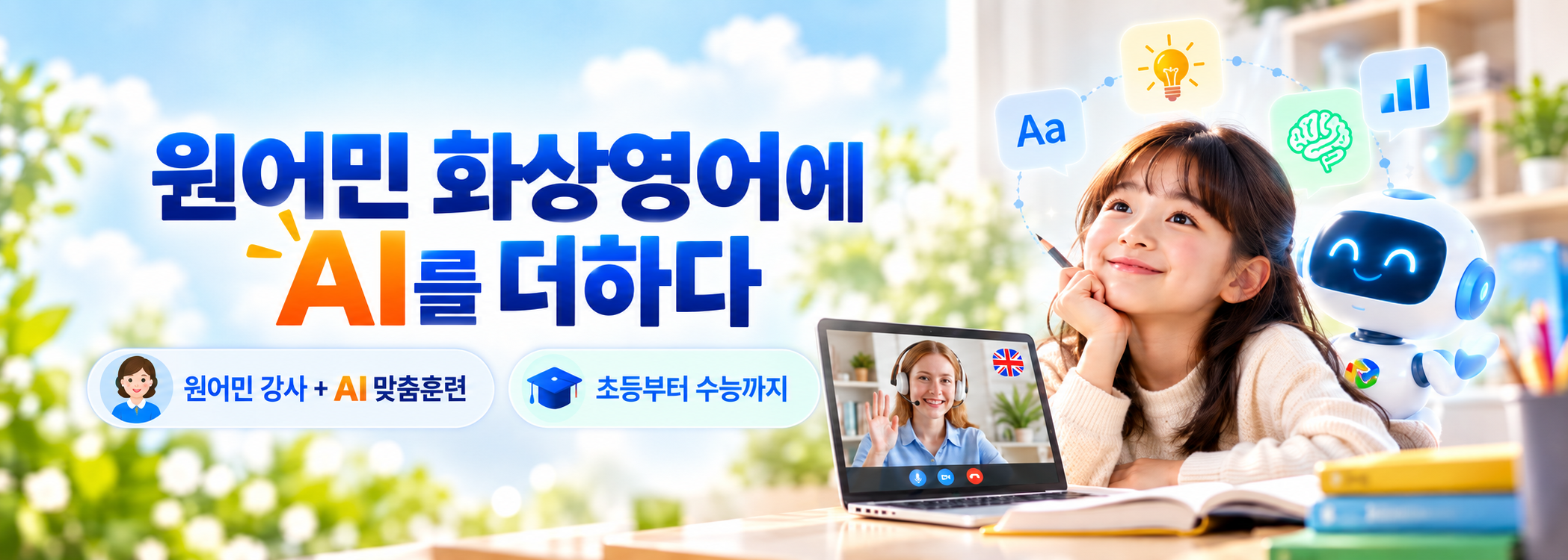 큐빅토크, 원어민 화상영어에 AI를 더하다. 원어민 강사, 학생, AI 학습 도우미가 함께 있는 모습